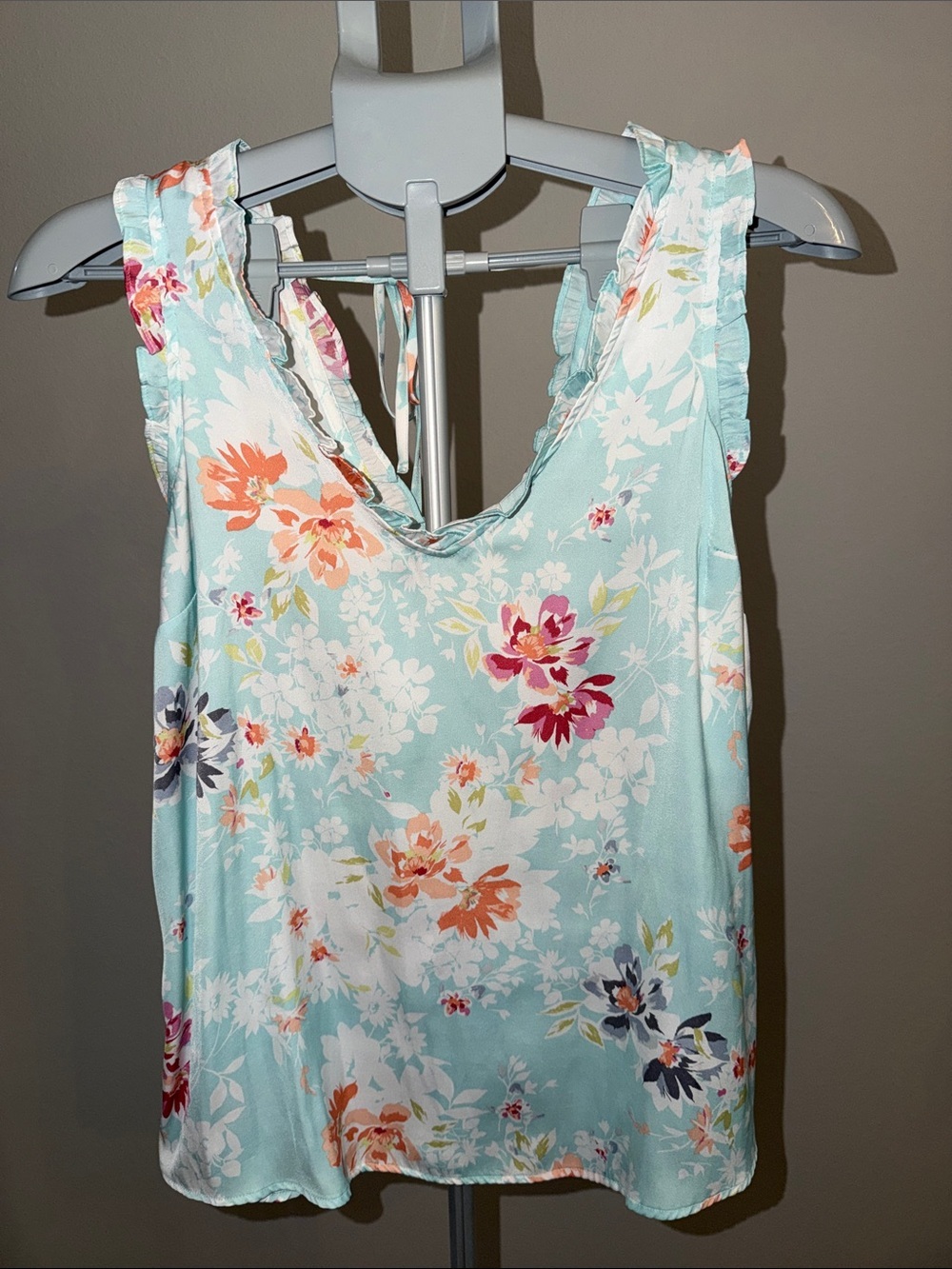 LC Lauren Conrad Aqua Floral Ruffle Sleeve Tank